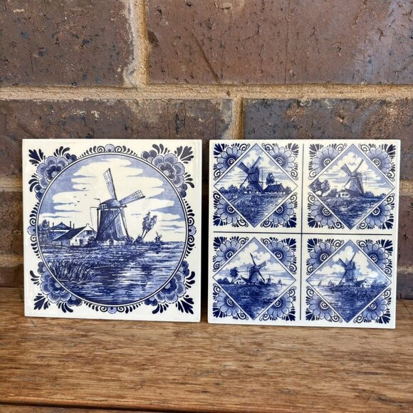Set Of 2 Delft Windmill tiles. Hand made in Holland. - Picture 1 of 4